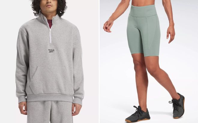 Reebok Mens Identity Vintage Sport Quarter Zip Sweatshirt and Womens Lux High Rise Bike Shorts