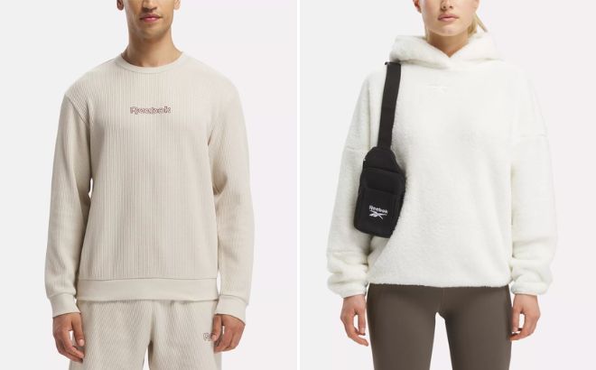 Reebok Mens Reebok Identity Vintage Sport Waffle Crew Sweatshirt and Womens Lux Cozy Plush Hoodie