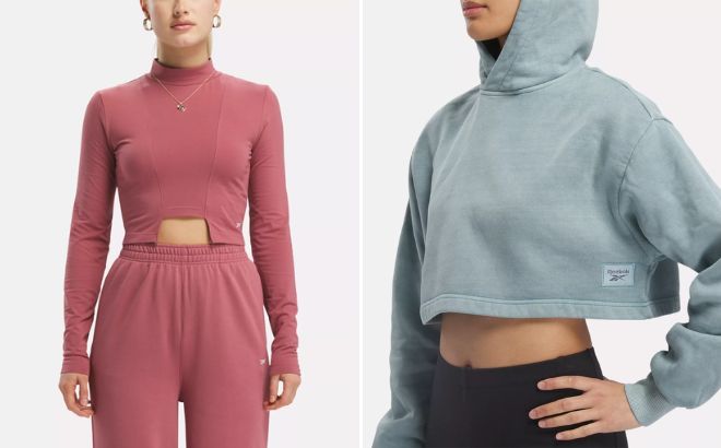 Reebok Womens Classics Wide Long Sleeve Trend Top and Natural Dye Cropped Hoodie
