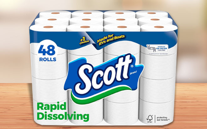 Scott Rapid Dissolving Toilet Paper 48 Pack on a Table