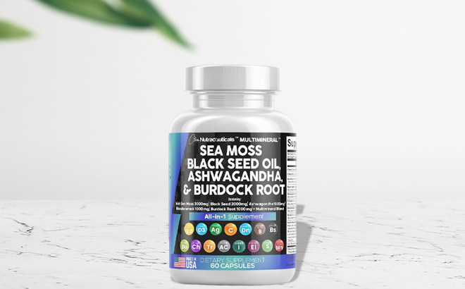 Sea Moss 60 Count Supplement Bottle on a Stone Table