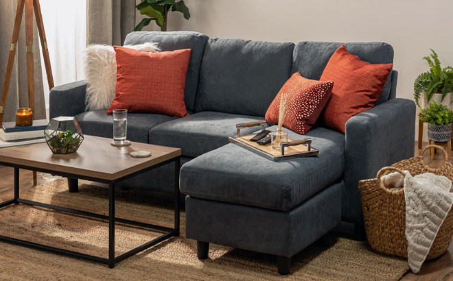 Sectional Sofa Couch with Ottoman Bench Blue with Gray