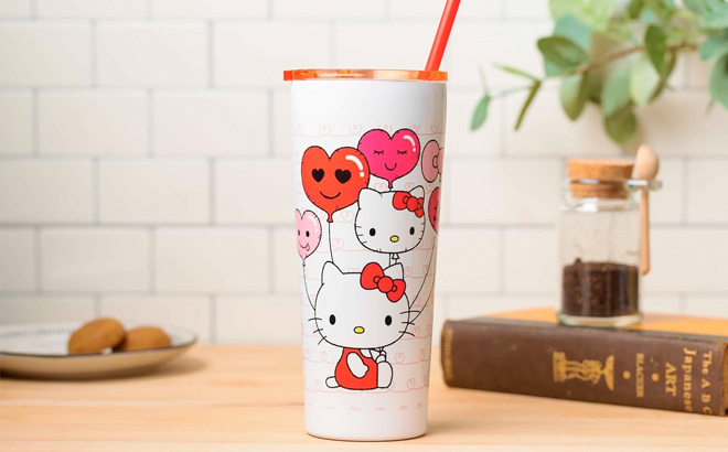 Silver Buffalo Sanrio Hello Kitty Heart Balloons Double Walled Stainless Steel Tumbler with Straw