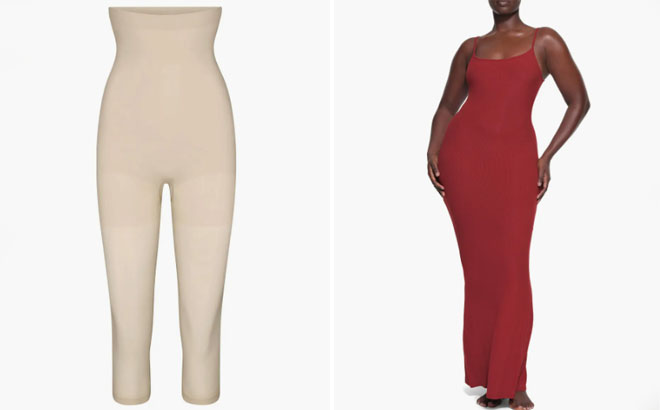 Skims Seamless Sculpt High Leggings and Soft Lounge Long Slipdress