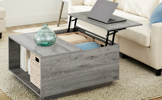 Square Rustic Modern Lift Top Coffee Table in Color Gray