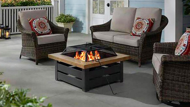 Square Steel Black Wood Fire Pit with Wood Look Tile Top