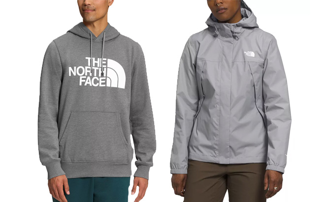 THE NORTH FACE Mens Half Dome Logo Hoodie and Womens Antora Jacket