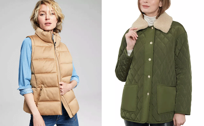 TOMMY HILFIGER Womens Stand Collar Puffer Vest and MICHAEL MICHAEL KORS Womens Faux Sherpa Collar Quilted Coat
