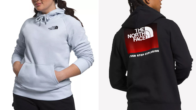 The North Face Womens Box NSE Fleece Hoodie and Mens Box NSE Never Stop Exploring Pullover Hoodie