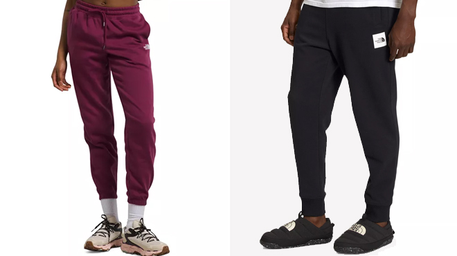 The North Face Womens Half Dome Fleece Sweatpants and Mens Box NSE Never Stop Exploring Jogger