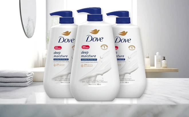 Three Bottles of Dove Deep Moisture Body Wash with Pump