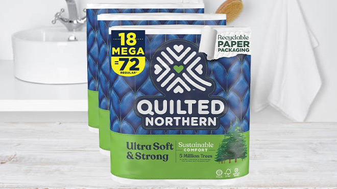 Three Packs of Quilted Northern Ultra Soft Strong Toilet Paper 18 Mega Rolls