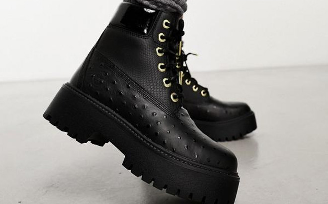 Timberland Womens Stone Street Waterproof Platform Boots in Black Full Grain Color