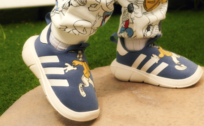 Toddler Wearing Adidas Monofit Disney Goofy Slip On Sneakers