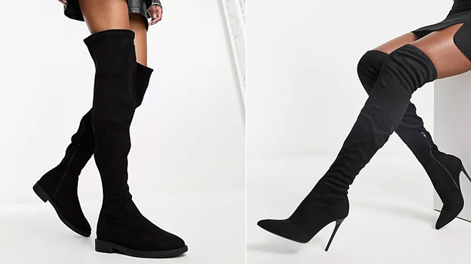 Truffle Collection Over the Knee Stiletto Boots on the left and Asos Design Wide Fit Kalani Over the Knee Boots on the right