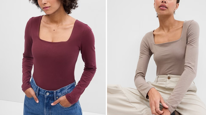 Two Colors of GAP Factory Fitted Squareneck Bodysuit