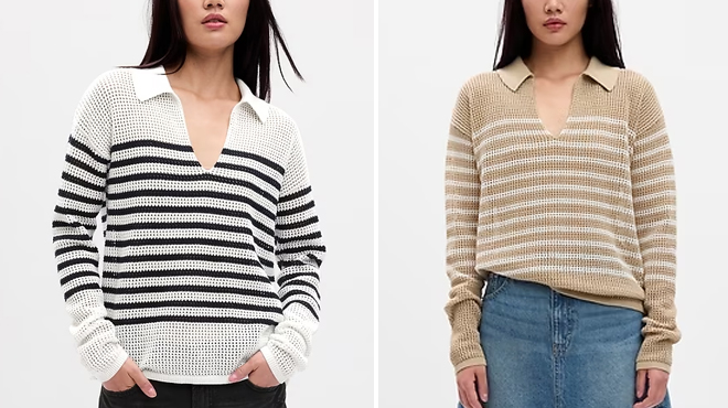 Two Colors of GAP Factory Relaxed Stripe Crochet Collared Sweater
