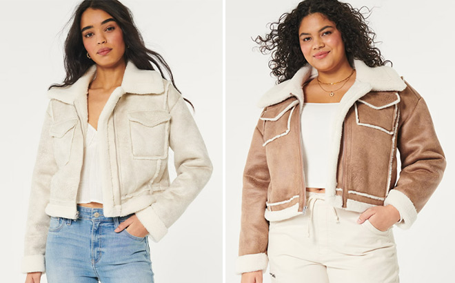 Two Girls Wearing Faux Shearling Biker Jacket Two Girls Wearing Faux Shearling Biker Jacket