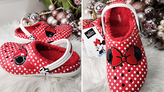 Two Images of Crocs Disney Kids Lined Clogs in Minnie Mouse Style