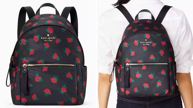 Two Images of Kate Spade Chelsea Rose Toss Printed Medium Backpack