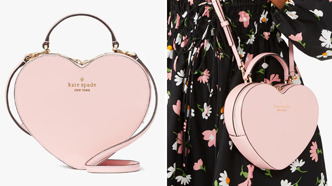 Two Images of Kate Spade Love Shack Heart Crossbody Bag in Tea Rose Color