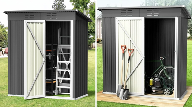 Two Images of Outdoor Storage Shed in Gray Color