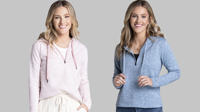 Two Images of a Woman Wearing Fruit of the Loom Fleece Pullovers Two Images of a Woman Wearing Fruit of the Loom Fleece Pullovers