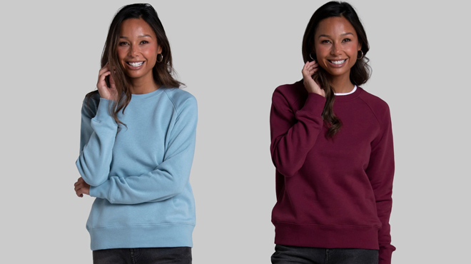 Two Images of a Woman Wearing Fruit of the Loom Fleece Sweatshirt Two Images of a Woman Wearing Fruit of the Loom Fleece Sweatshirt