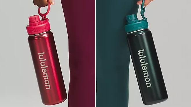 Two Lululemon 24 Ounce Back to Life Sport Bottles in Vintage Rose and Storm Teal Colors