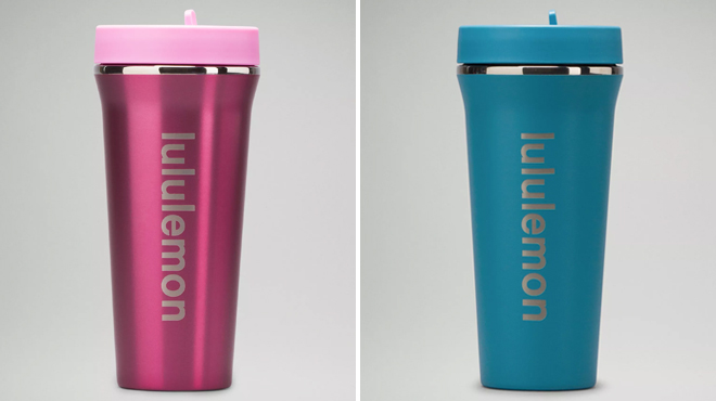 Two Lululemon 24 Ounce Back to Life Tumblers in Dahlia Mauve and Marlin Colors