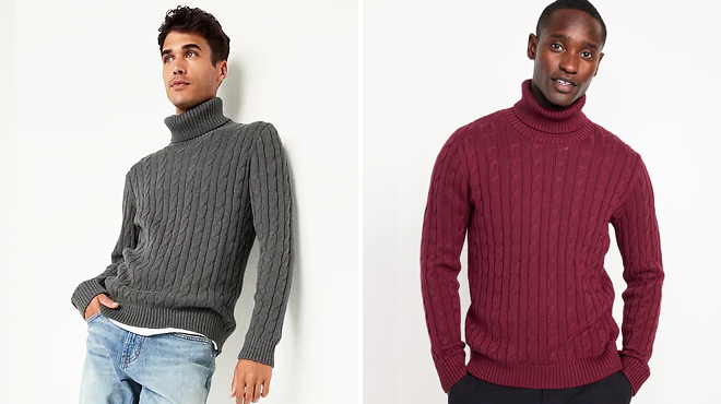 Two Models Wearing Old Navy Mens Cable Knit Turtleneck Sweaters