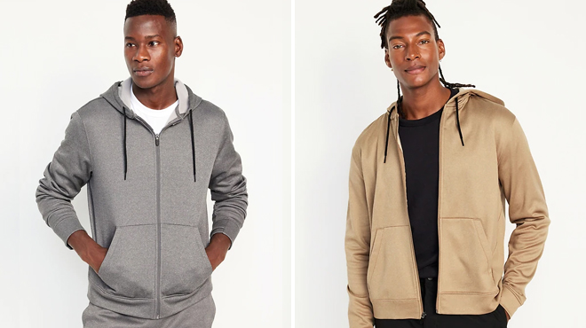 Two Models Wearing Old Navy Tech Fleece Zip Hoodies Two Models Wearing Old Navy Tech Fleece Zip Hoodies