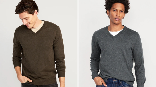 Two Models Wearing Old Navy V Neck Sweaters