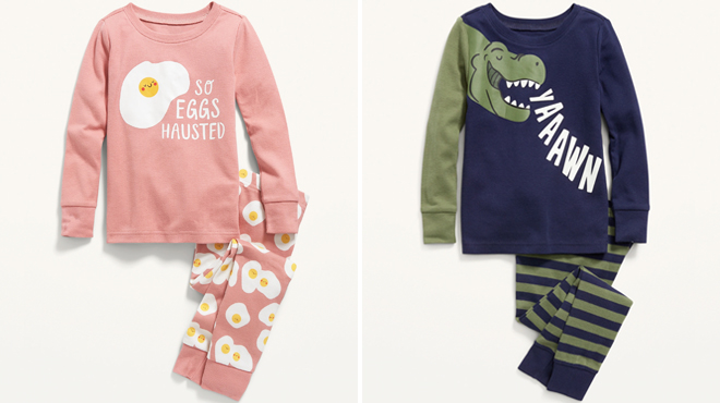 Two Old Navy Toddler Pajama Sets in Pink Eggs on the Left and Blue Dino on the Right