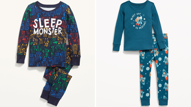 Two Old Navy Toddler Pajama Sets in Sleep Monster on the Left and Sloth Print on the Right