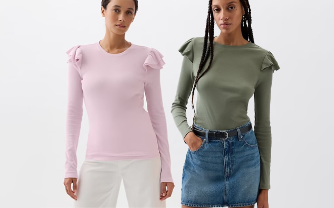 Two Women Wearing Two Different Colors of GAP Factory Ribbed Ruffle T Shirt