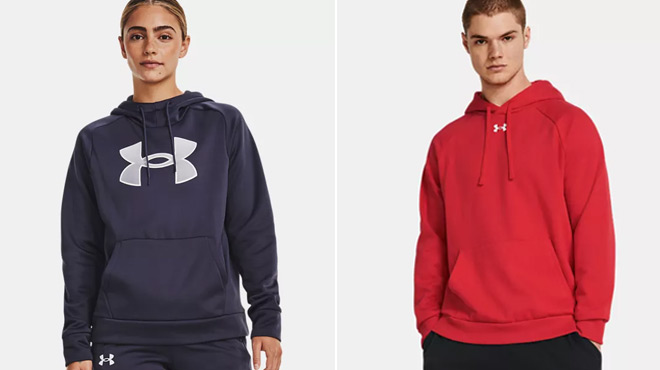 Under Armour Womens Armour Fleece Hoodie on the left and Under Armour Mens Rival Fleece Hoodie on the right