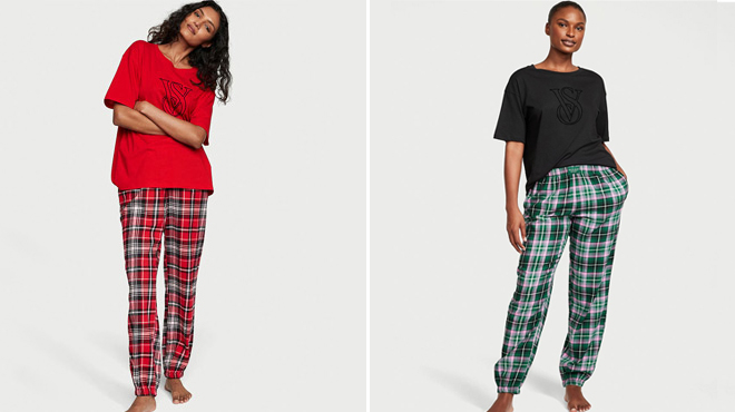 VICTORIAS SECRET Flannel Jogger Tee Jama Set in red and green