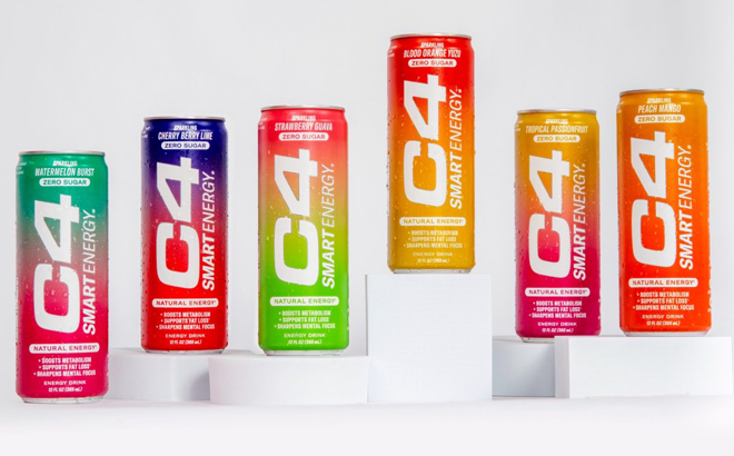 Various Flavors of C4 Smart Energy Drink on a Product Stand