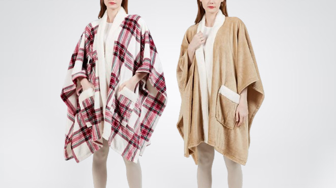 Woman Wearing Charter Club Cozy Plush Wrap Robe Throws