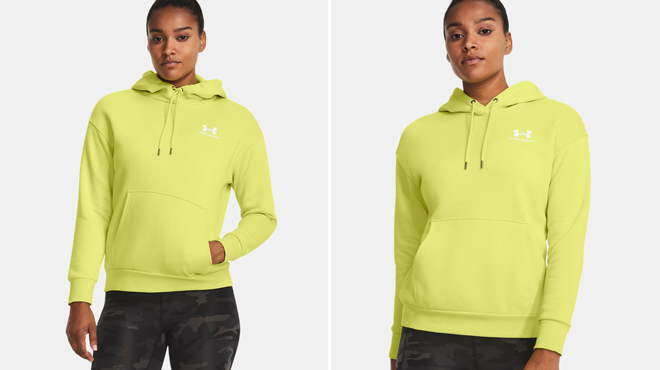 Woman Wearing Womens UA Essential Fleece Hoodie in Lime Yellow Color Woman Wearing Womens UA Essential Fleece Hoodie in Lime Yellow Color