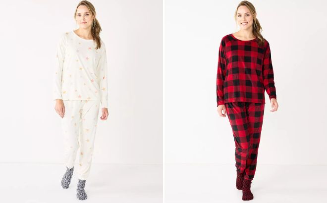 Woman is Wearing Sonoma Goods For Life Velour Pajama Top Pajama Bottoms Socks Sleep Set
