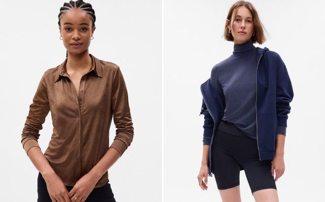 Woman on the Left is Wearing Gap Satin Button Front Shirt and on the Right is Wearing GapFit Breathe Turtleneck T Shirt