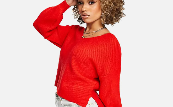 Women Wearing Threadbare Fluffy Knit Sweater in Red