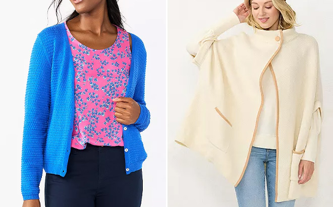 Womens DRAPER JAMES Cardigan in Blue on Left and Womens LC Lauren Conrad Solid Knit Riding Cape on Right Womens DRAPER JAMES Cardigan in Blue on Left and Womens LC Lauren Conrad Solid Knit Riding Cape on Right