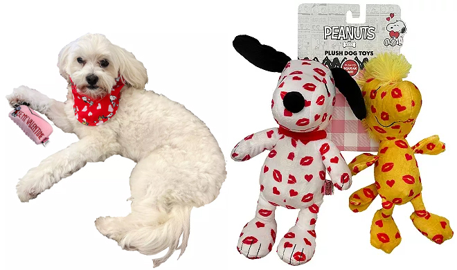 Woof Snoopy Woodstock Valentines Day Bandana and Toy Set on the Left and Woof Snoopy Woodstock Kiss Plush Dog Toys on the Right Woof Snoopy Woodstock Valentines Day Bandana and Toy Set on the Left and Woof Snoopy Woodstock Kiss Plush Dog Toys on the Right