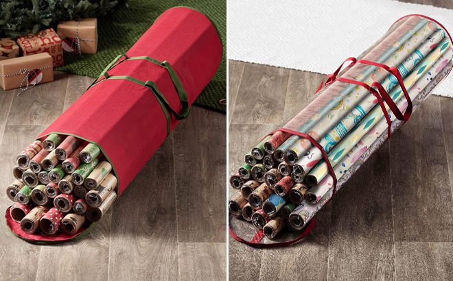 Wrapping Paper Storage Containers in red and transparent