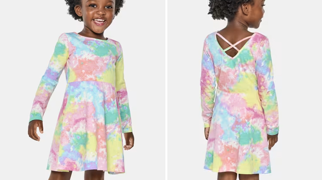 a Girl Wearing a The Childrens Place Toddler Girls Rainbow Tie Dye Cross Back Everyday Dress