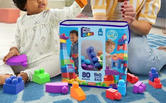 a Toddler and a Woman Playing with a Mega Bloks Fisher Price 80 Piece Building Bag