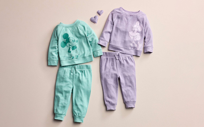 an Image of Disneys Mickey Mouse and Minnie Mouse Baby Cozy Knit Graphic Sweatshirt Jogger Pants Sets